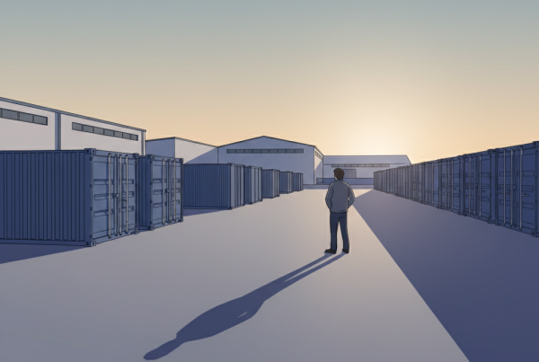 A solitary figure standing in a quiet Scottish industrial estate at sunrise, representing the rebuilding of the Boxxs self storage business after liquidation.