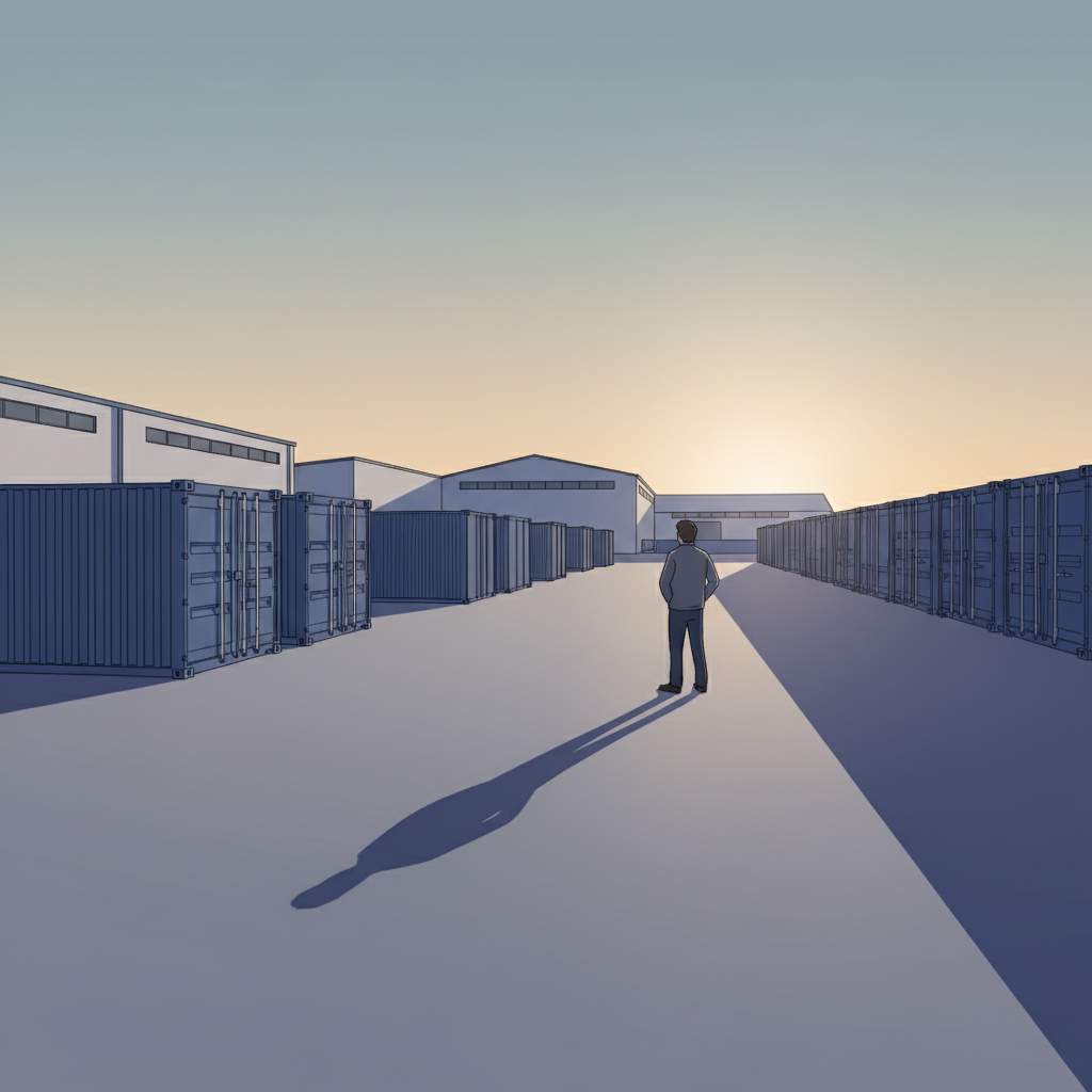A solitary figure standing in a quiet Scottish industrial estate at sunrise, representing the rebuilding of the Boxxs self storage business after liquidation.